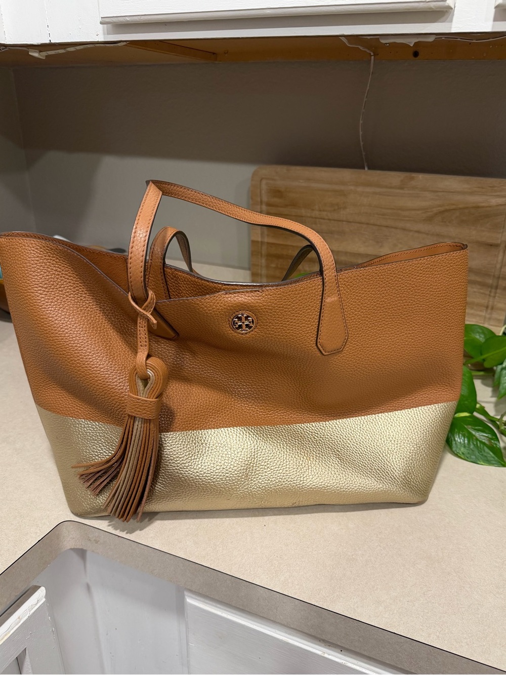 Tory Burch Cognac Brown & Gold Pebbled Tote Bag w/ Tassel